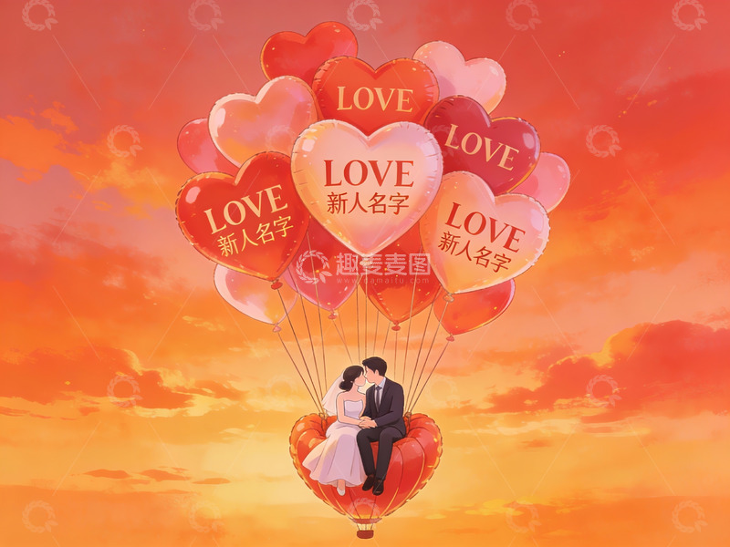 高清大图下载【趣麦麦图】新人乘心形气球飞翔