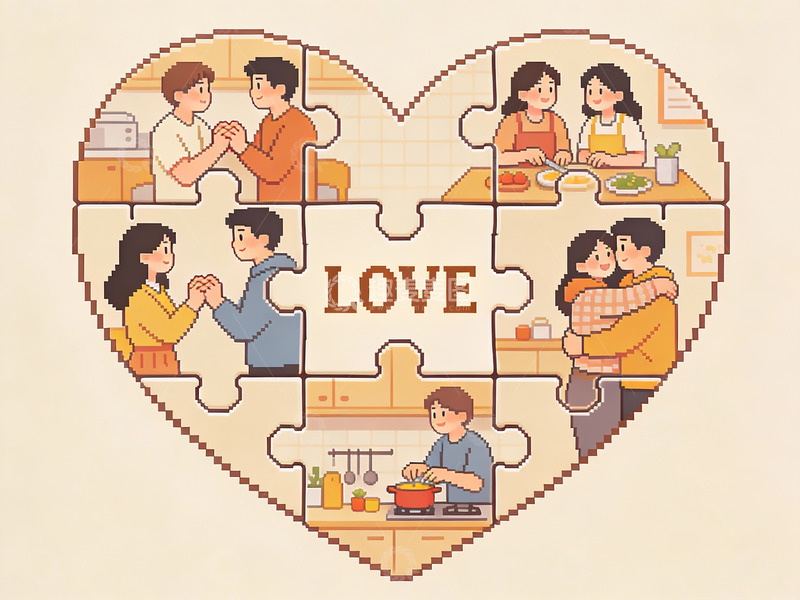 高清大图下载【趣麦麦图】心形拼图中的家庭温馨场景