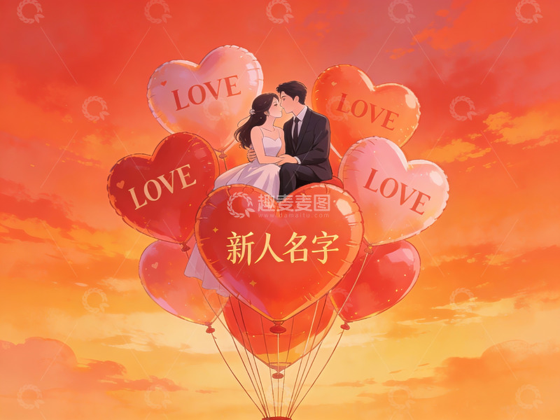 高清大图下载【趣麦麦图】情侣乘坐心形气球飞翔