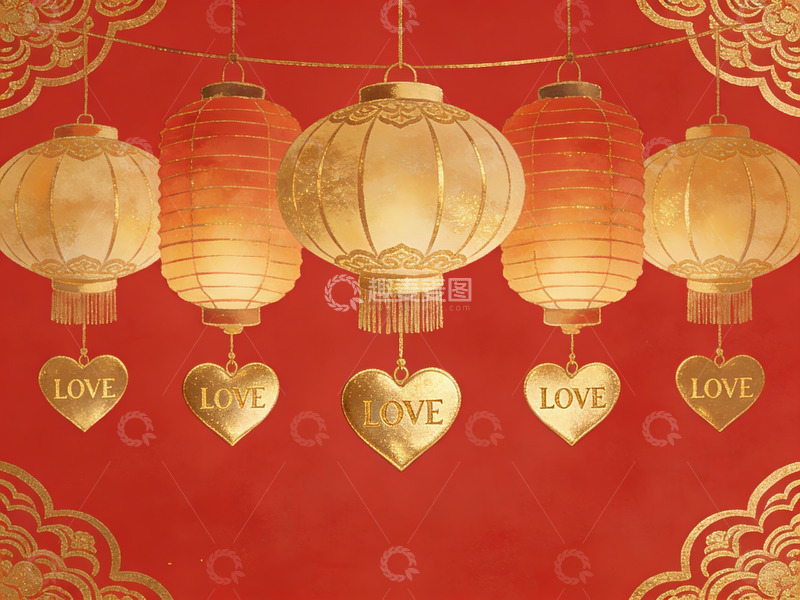 高清大图下载【趣麦麦图】红色背景悬挂金色灯笼