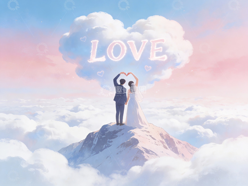 高清大图下载【趣麦麦图】情侣山顶比心云中爱情