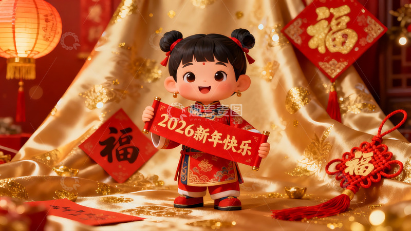 高清大图下载【趣麦麦图】新年吉祥物手持祝福卷轴