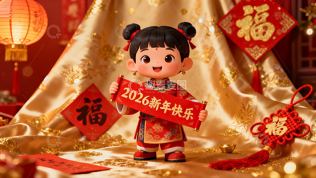 新年吉祥物手持祝福卷轴