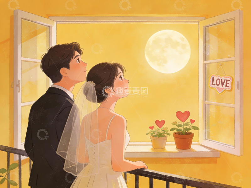 高清大图下载【趣麦麦图】新人月下阳台眺望
