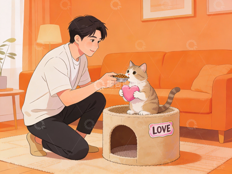 高清大图下载【趣麦麦图】男子喂猫温馨场景