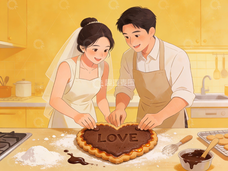 高清大图下载【趣麦麦图】新人厨房制作爱心巧克力蛋糕
