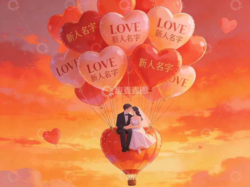 高清大图下载【趣麦麦图】情侣乘心形气球飞翔