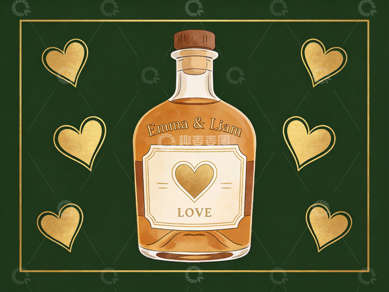 高清大图下载【趣麦麦图】定制酒瓶与金色爱心图案