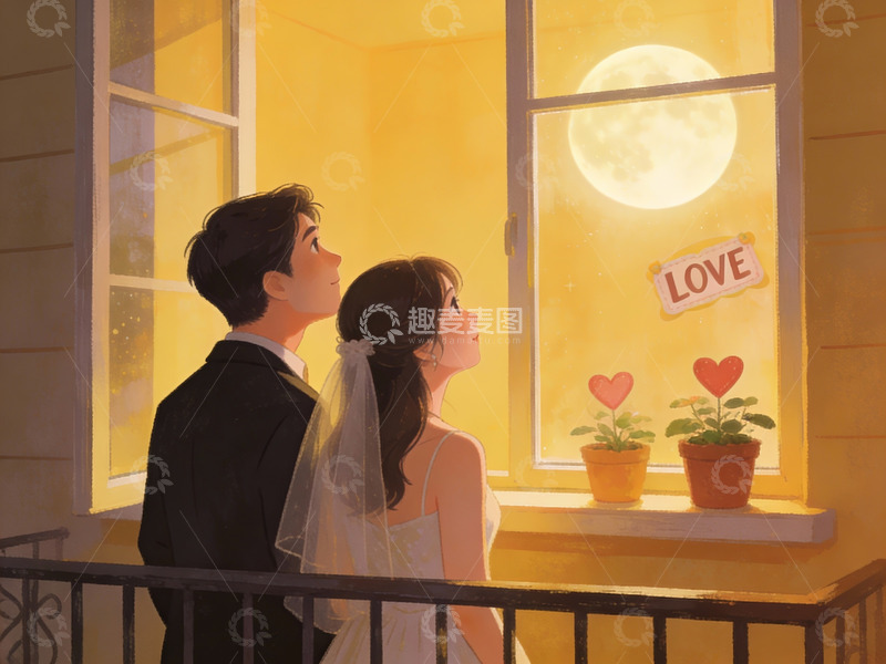 高清大图下载【趣麦麦图】新人月下窗前相望
