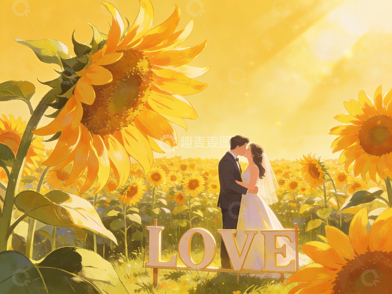 高清大图下载【趣麦麦图】向日葵花田中的新人拥抱