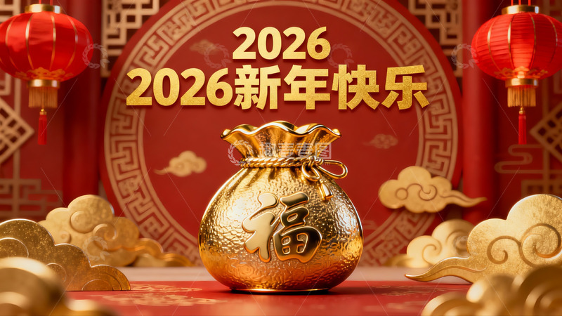 高清大图下载【趣麦麦图】2026新年快乐金色福袋