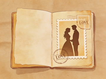 打开的书页上贴有爱情邮票