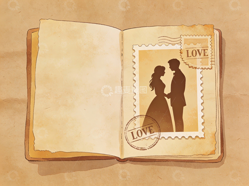 高清大图下载【趣麦麦图】打开的书页上贴有爱情邮票
