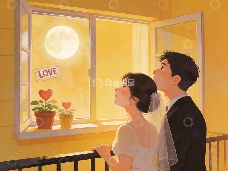 高清大图下载【趣麦麦图】新人月下窗前共赏明月