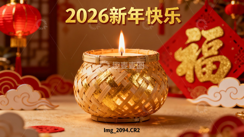 高清大图下载【趣麦麦图】新年竹编烛台祈福场景
