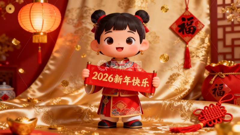 高清大图下载【趣麦麦图】新年吉祥娃娃手持祝福卷轴
