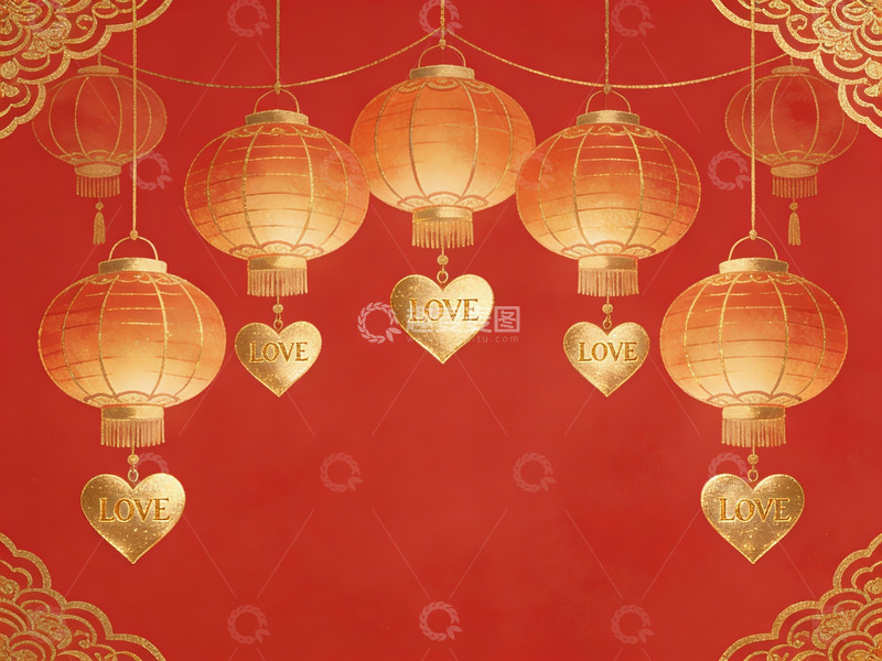 高清大图下载【趣麦麦图】红色背景悬挂灯笼与爱心