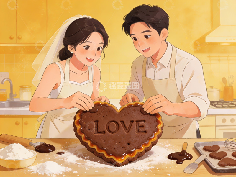高清大图下载【趣麦麦图】情侣制作爱心巧克力蛋糕