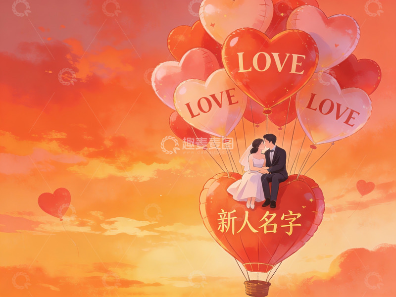 高清大图下载【趣麦麦图】情侣乘爱心热气球飞翔