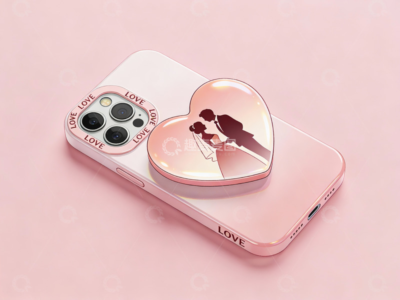 高清大图下载【趣麦麦图】粉色手机壳上的爱心情侣剪影