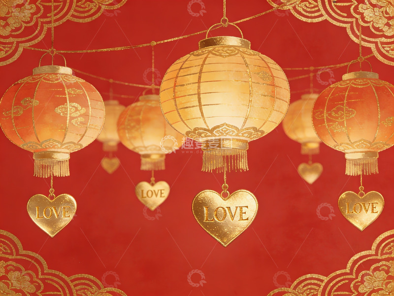 高清大图下载【趣麦麦图】红色背景悬挂灯笼与爱心装饰
