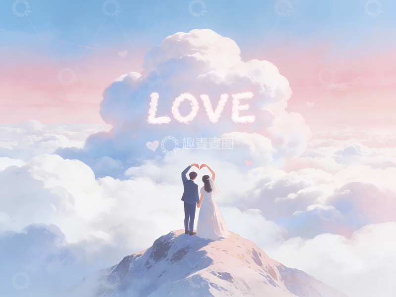 高清大图下载【趣麦麦图】云上情侣牵手心形剪影