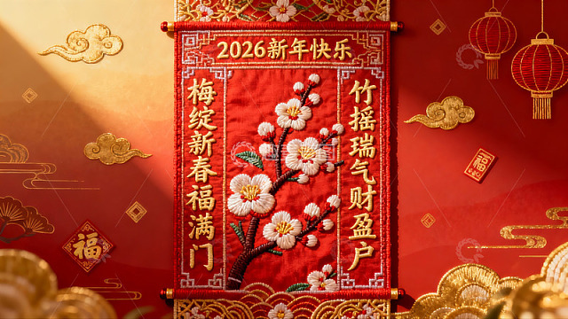 新年红色卷轴刺绣装饰