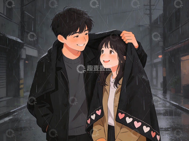 高清大图下载【趣麦麦图】雨中相依的年轻情侣