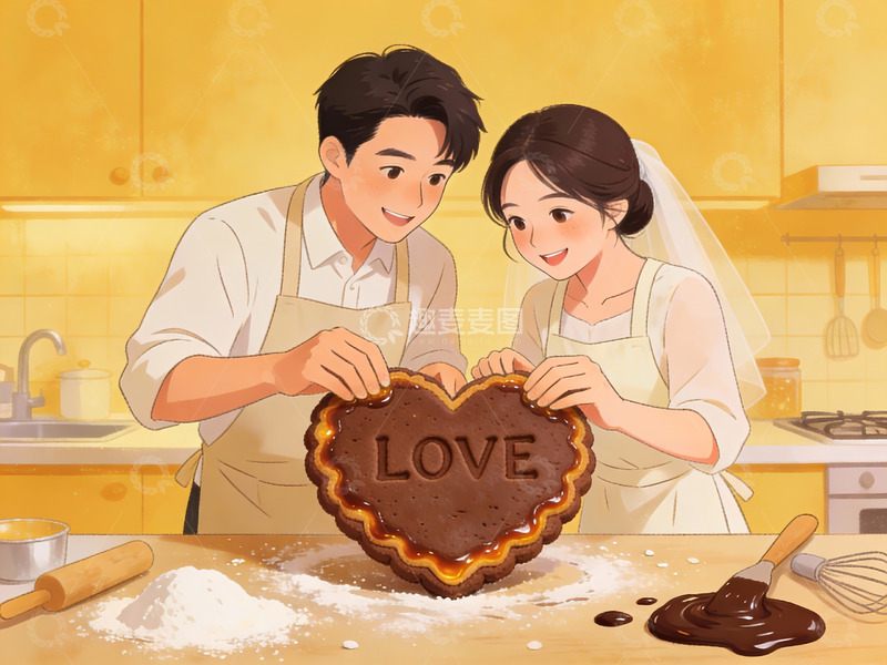 高清大图下载【趣麦麦图】情侣在厨房制作爱心巧克力蛋糕