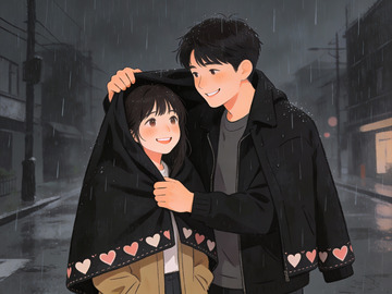 雨中相拥的年轻情侣