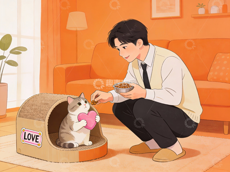 高清大图下载【趣麦麦图】男子喂猫的温馨室内场景
