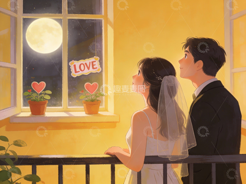 高清大图下载【趣麦麦图】新人月下窗前共赏美景