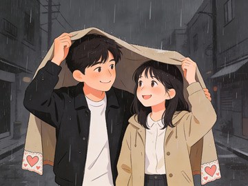 雨中情侣共撑外套
