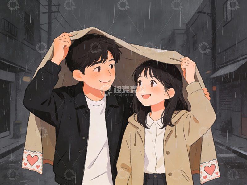 高清大图下载【趣麦麦图】雨中情侣共撑外套