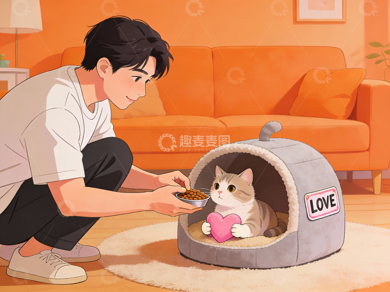 高清大图下载【趣麦麦图】男子喂食猫窝中的猫咪