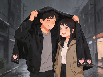 雨中共享外套的青年情侣