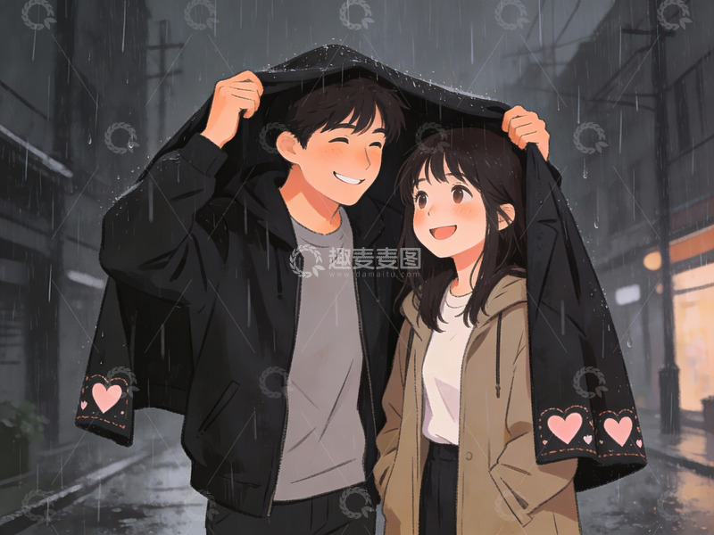 高清大图下载【趣麦麦图】雨中共享外套的青年情侣