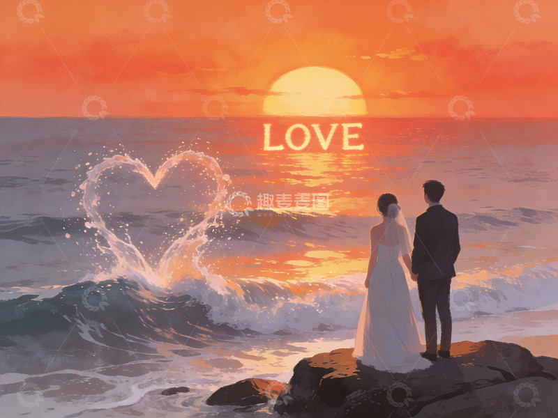 高清大图下载【趣麦麦图】情侣海边日落观景