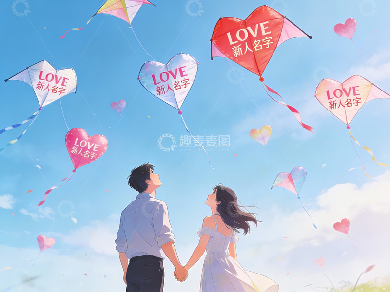 高清大图下载【趣麦麦图】情侣牵手放飞爱心风筝