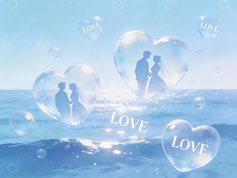 高清大图下载【趣麦麦图】海边情侣剪影与爱心泡泡
