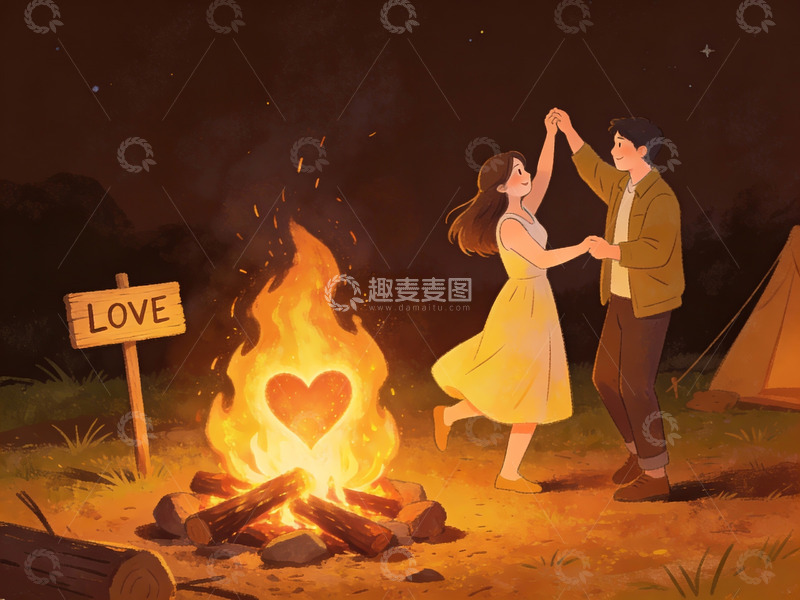 高清大图下载【趣麦麦图】情侣篝火旁跳舞