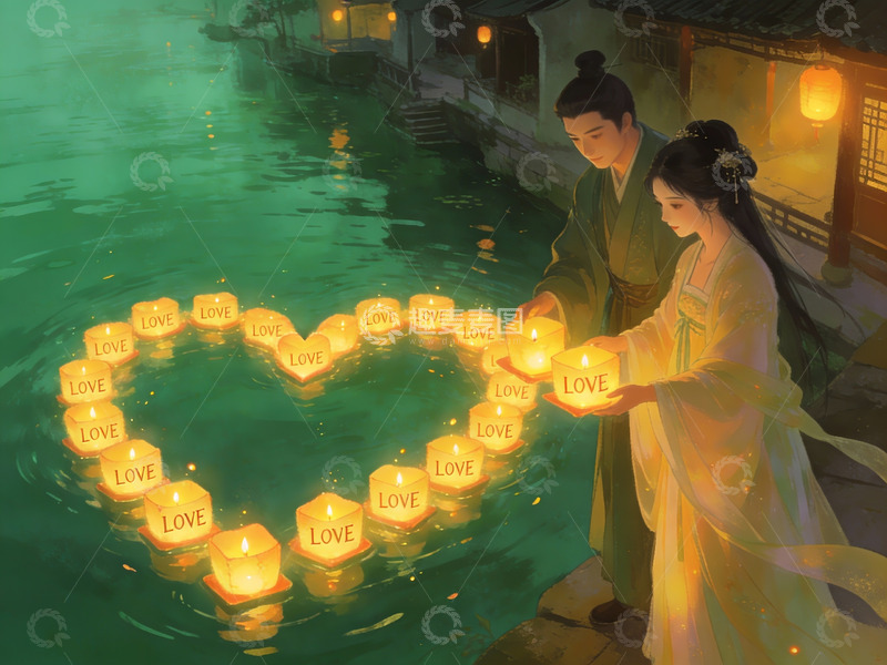 高清大图下载【趣麦麦图】古风情侣放河灯许愿