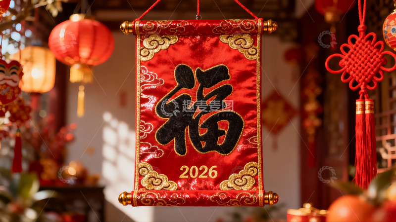 高清大图下载【趣麦麦图】春节装饰红福卷轴挂饰