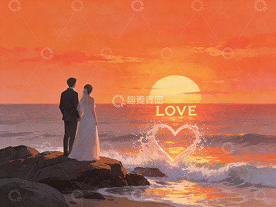 夕阳下海边新人剪影