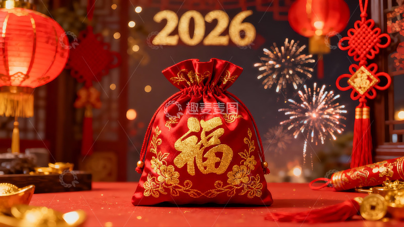 高清大图下载【趣麦麦图】新年红色福袋烟花装饰