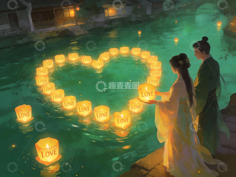 高清大图下载【趣麦麦图】情侣河畔放河灯许愿