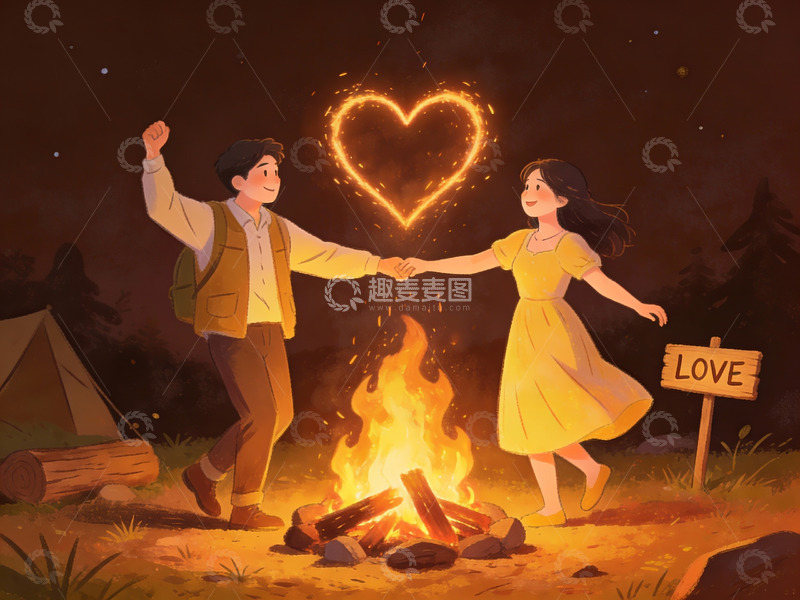 高清大图下载【趣麦麦图】情侣篝火旁共舞心形光