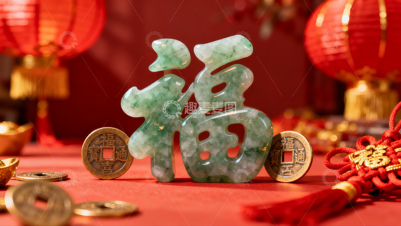 高清大图下载【趣麦麦图】翡翠福字与古币红灯笼