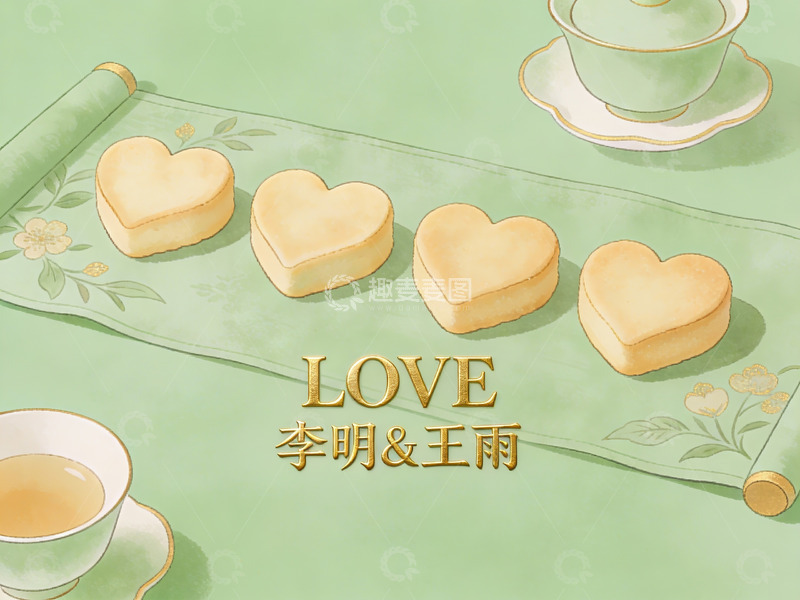 高清大图下载【趣麦麦图】心形糕点与茶具的浪漫场景