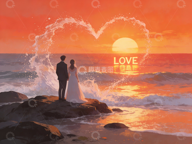 高清大图下载【趣麦麦图】情侣海边日落心形水花